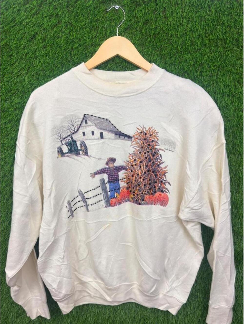 Vintage 90s Farm Harvest Graphic Crewneck Sweatshirt Cream Fall Autumn
